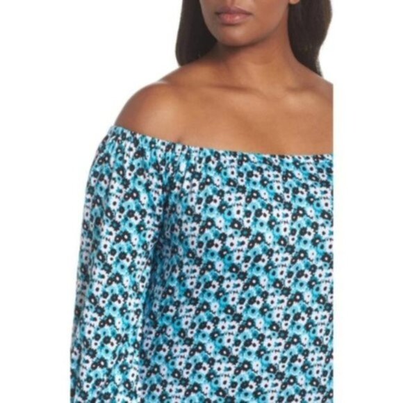 Michael Kors Womens Blue White Floral Off the Shoulder Top Plus Sz 0X New - Picture 3 of 12